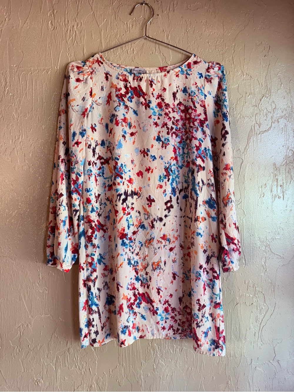 Long-Sleeve Ivory Tunic Dress with Multicolor Paint-Splash Print